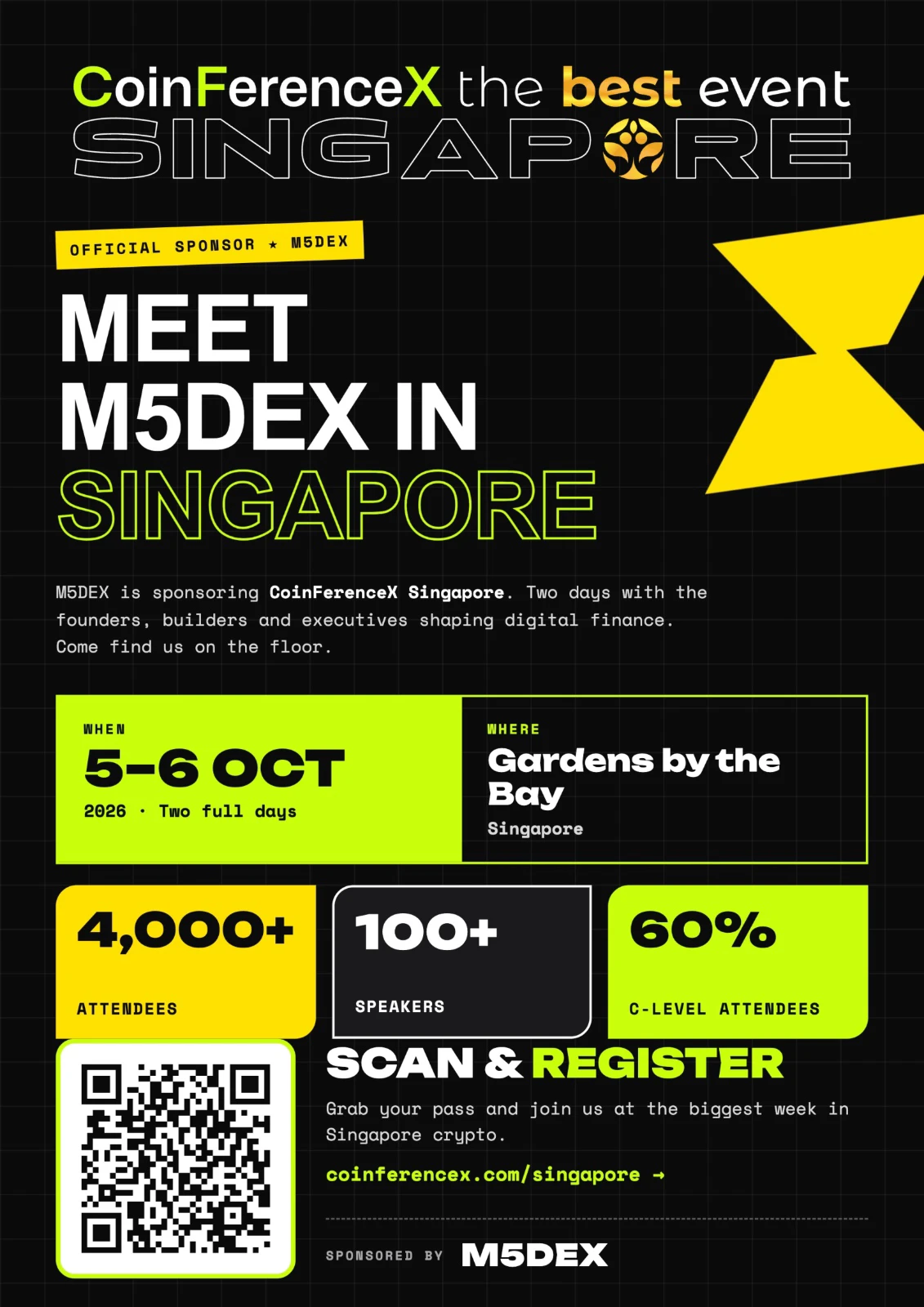 M5DEX poster for CoinFerenceX Singapore 2026: official sponsor, 5–6 October 2026 at Gardens by the Bay, Singapore.