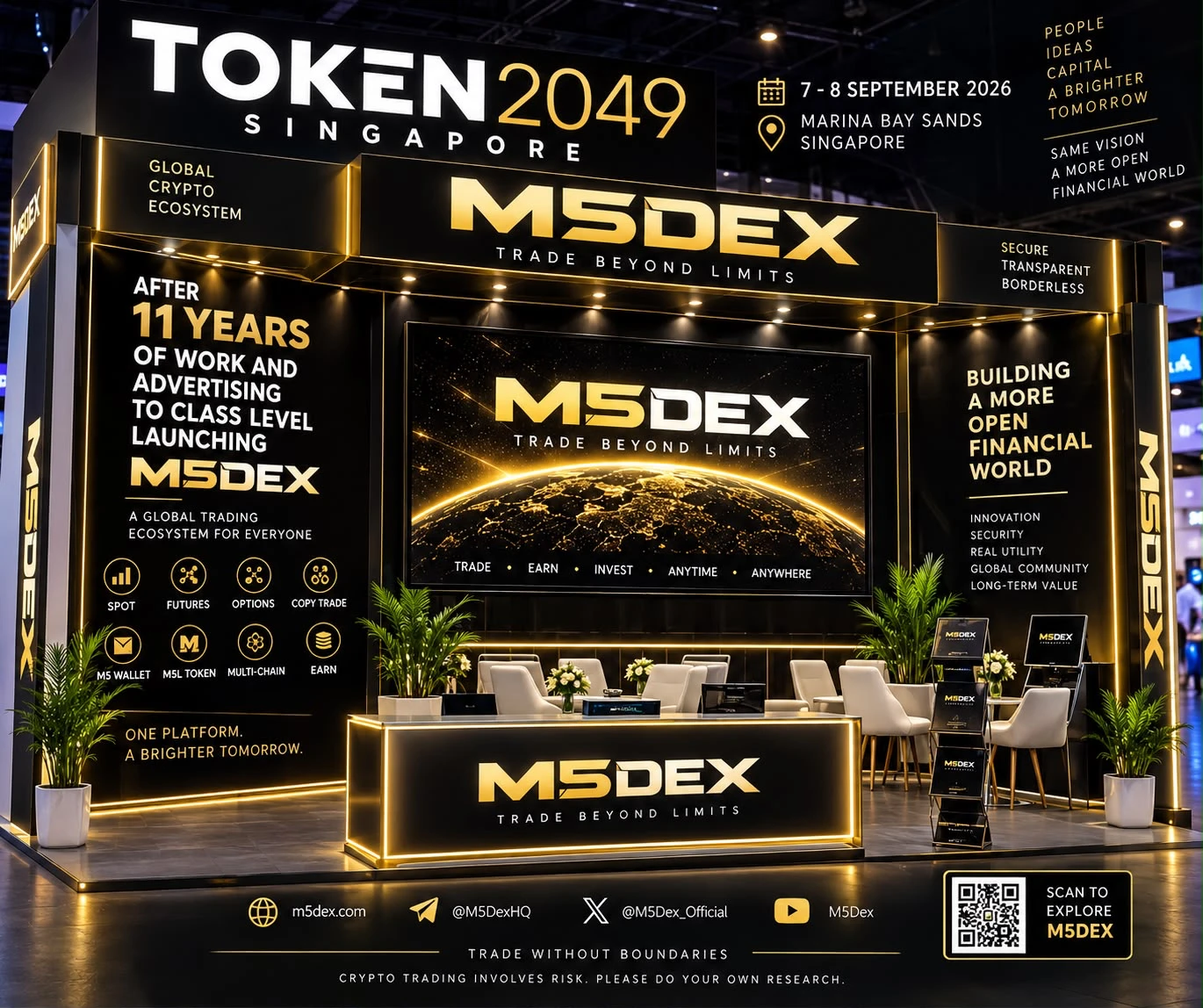 The M5DEX stand for TOKEN2049 Singapore, branded “Trade beyond limits”, at Marina Bay Sands.